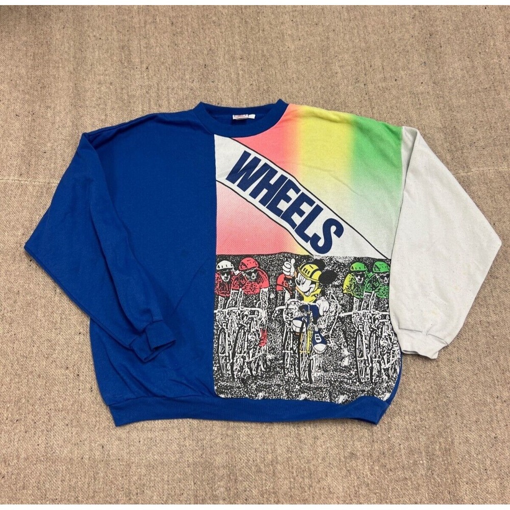 Vintage Mickey Mouse Sweatshirt Men's XL Blue 1980s Walt Disney Bicycle